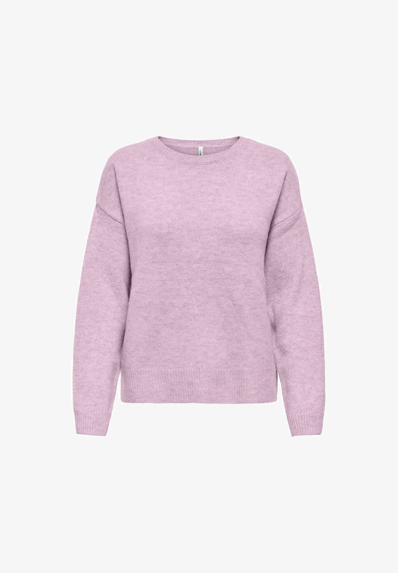 Pull à manches longues couleur lavande avec col rond, poignets et ourlet côtelés, en tissu maille douce.