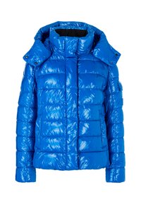 Blue puffer jacket made of glossy material, featuring a high collar, detachable hood, and snap pockets, with quilted sections for insulation.