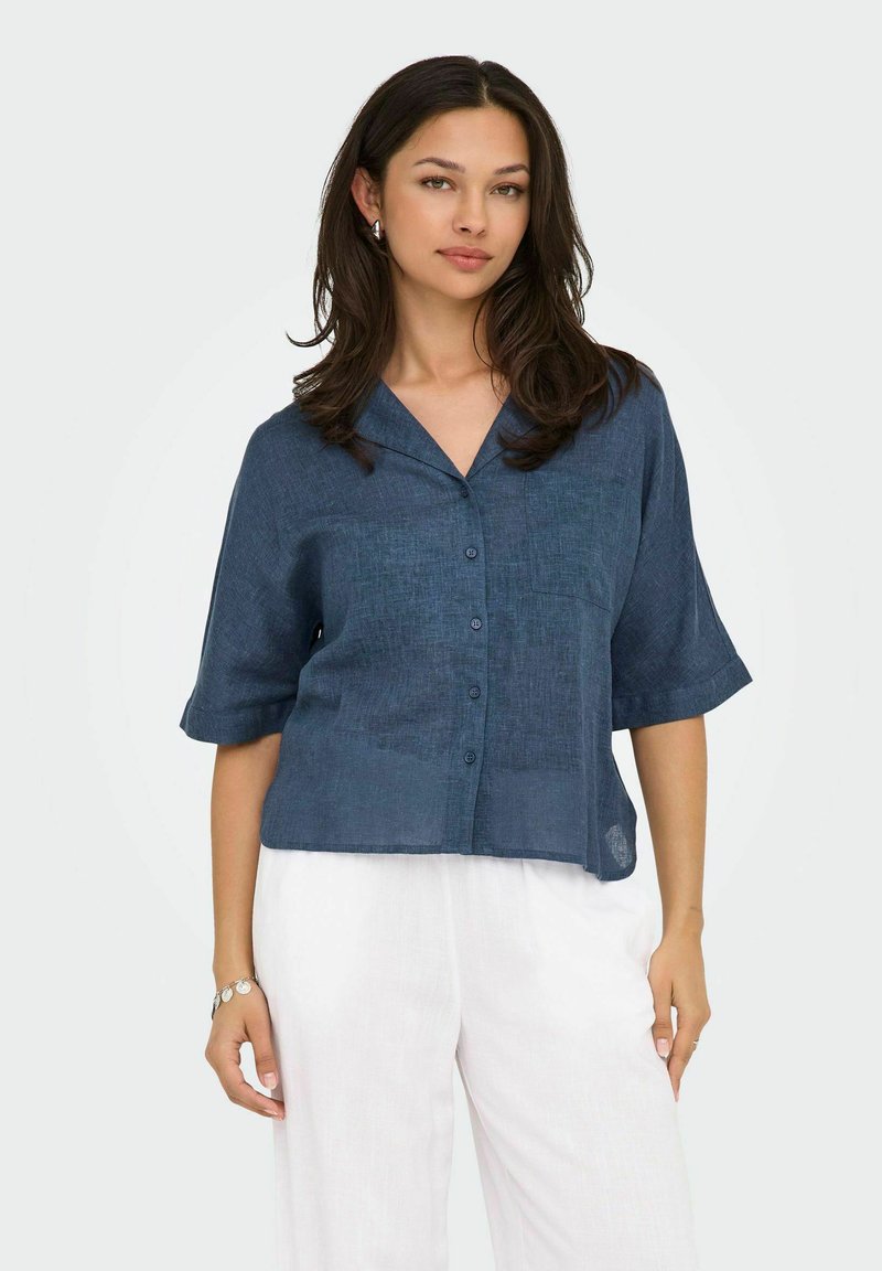 Camicia blu navy a maniche corte con colletto a punta, dotata di taschino frontale e tessuto strutturato. Abbinata a pantaloni bianchi.