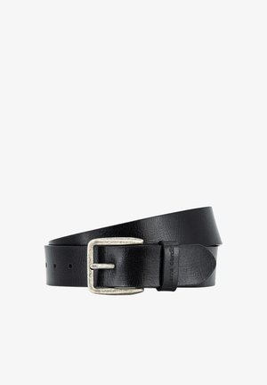 Black leather belt with silver rectangular buckle, rolled up, showing smooth texture and subtle embossed branding on the loop.