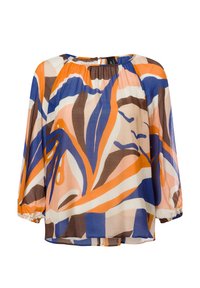Lockere Bluse mit 3/4-gathered Ärmeln, abstraktem Druck in Orange, Blau, Braun und Beigetönen sowie einem runden Halsausschnitt mit leichten Raffungseffekten.