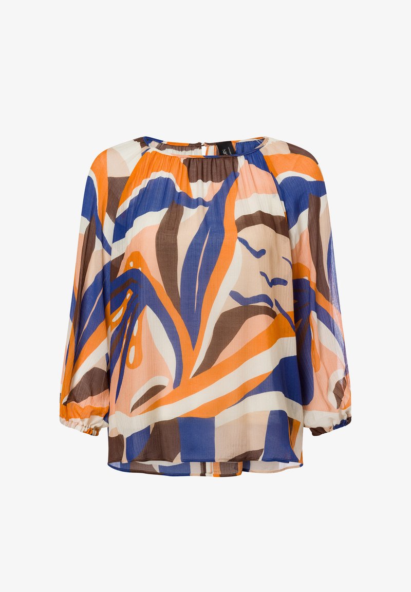 Lockere Bluse mit 3/4-gathered Ärmeln, abstraktem Druck in Orange, Blau, Braun und Beigetönen sowie einem runden Halsausschnitt mit leichten Raffungseffekten.