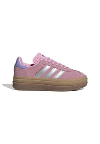 Pink suede sneakers with silver stripes and a textured tongue, featuring a light purple heel and a gum rubber sole.