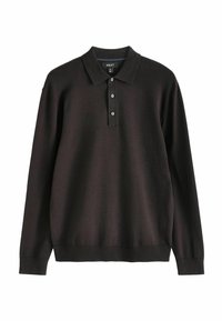 Schwarzes långärmliges Poloshirt mit klassischem Kragen, Drei-Knopf-Blende und gerippten Bündchen. Hergestellt aus weichem Stoff mit glatter Textur.