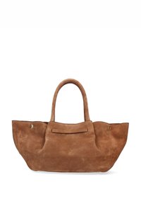 Bruine suède shopper met een zachte textuur, gebogen zijkanten, twee bovenhandvatten en een voorvak. Voorzien van accenten in goudkleurig metaal.