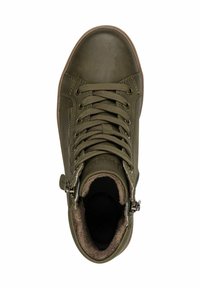 Olive green leather high-top shoe with decorative stitching, lace-up front, and soft textured interior. Side zipper for easy access.