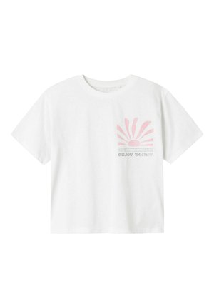 T-shirt en coton blanc à manches courtes et col rond. Présente un graphisme de soleil rose et le texte "Enjoy" sur la partie gauche de la poitrine.