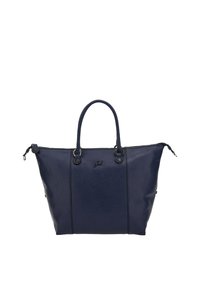 Borsa a tracolla in pelle blu navy con due manici superiori, chiusura con zip, superficie testurizzata e logo discreto sul fronte. Presenta dettagli neri.