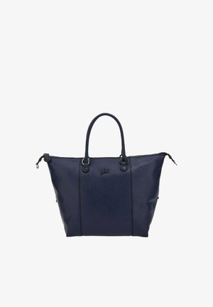 Borsa a tracolla in pelle blu navy con due manici superiori, chiusura con zip, superficie testurizzata e logo discreto sul fronte. Presenta dettagli neri.