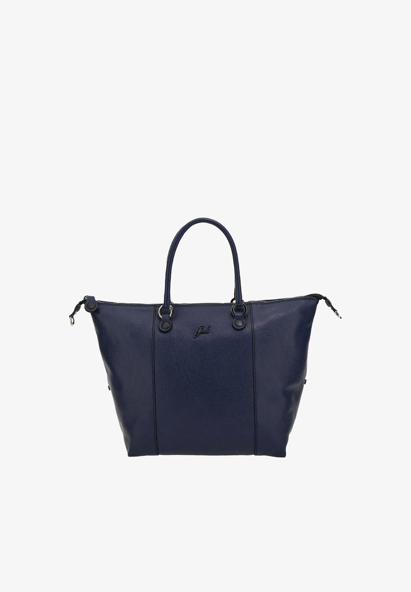 Borsa a tracolla in pelle blu navy con due manici superiori, chiusura con zip, superficie testurizzata e logo discreto sul fronte. Presenta dettagli neri.