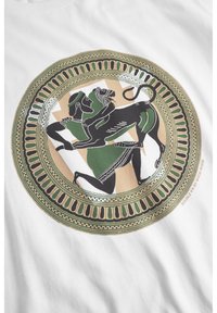 White cotton t-shirt featuring a circular graphic with black, green, and tan figures in a mythological scene, outlined by decorative borders.