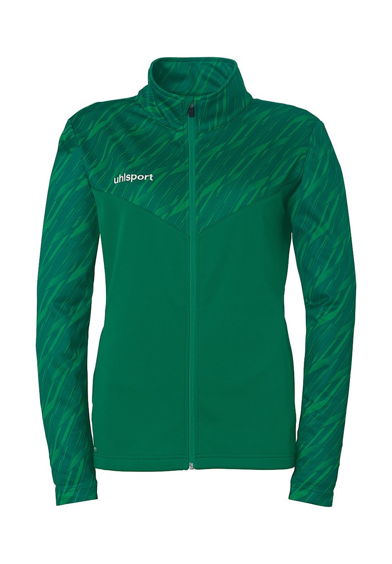 Grøn atletisk jakke med høj krave, fuld længde lynlås og dynamisk bølgemønster i varierende nuancer af grøn. Har et mærke-logo.