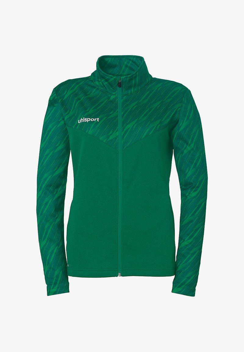 Grøn atletisk jakke med høj krave, fuld længde lynlås og dynamisk bølgemønster i varierende nuancer af grøn. Har et mærke-logo.