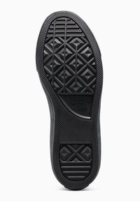 Zwarte rubberen sneakerzool met een profielpatroon van geometrische ontwerpen, textuurgebieden en de "Converse All Star" branding.