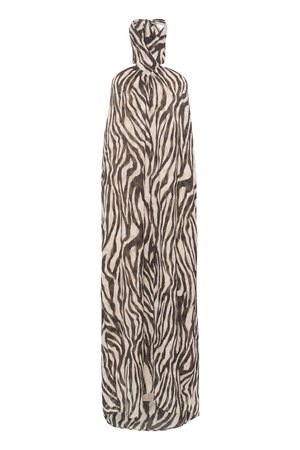 Zebra potlačený plášť vyrobený z ľahkej tkaniny; má voľný dizajn s kapucňou, prevažne béžovej farby s čiernymi pruhmi.