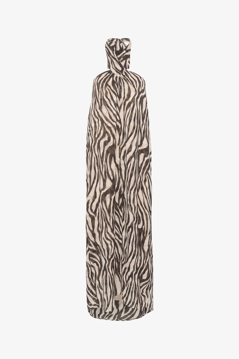 Zebra-Print-Cape aus leichtem Stoff; zeichnet sich durch ein fließendes Design mit Kapuze aus, überwiegend beige mit schwarzen Streifen.