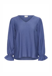 Blue v-neck blouse with long puff sleeves, gathered cuffs, and a lightweight, textured fabric. Simple design with no patterns or accents.