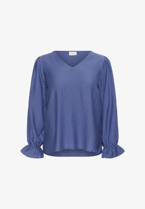 Modrá blúzka s v-výstrihom a dlhými puff rukávmi, zhromaždenými manžetami a ľahkou, textúrovanou tkaninou. Jednoduchý dizajn bez vzorov alebo akcentov.