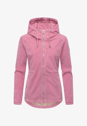 Giacca leggera rosa con cappuccio, cerniera frontale, dettagli con coulisse e maniche lunghe. Tessuto liscio e orlo leggermente curvo.