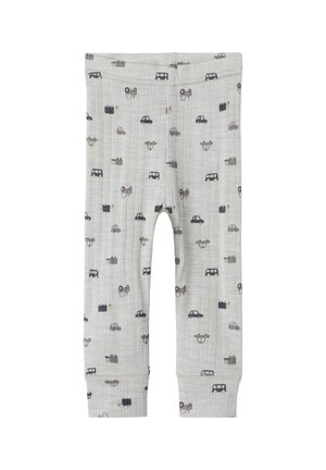 Szare legginsy bawełniane z nadrukiem przedstawiającym różne pojazdy, w tym samochody i ciężarówki, w stonowanych kolorach. Miękka, prążkowana faktura.