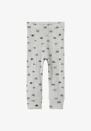 Sive legerne leggins z bombažem, ki prikazujejo natisnjeni vzorec različnih vozil, vključno s avtomobili in tovornjaki, v blagih barvah. Mehka, rebrasta tekstura.