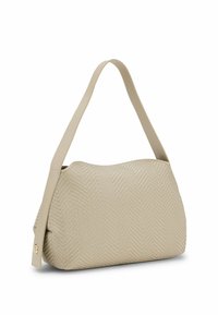 Sac hobo beige texturé avec large bandoulière et logo "BOSS" discret en petits caractères dorés à l'avant.