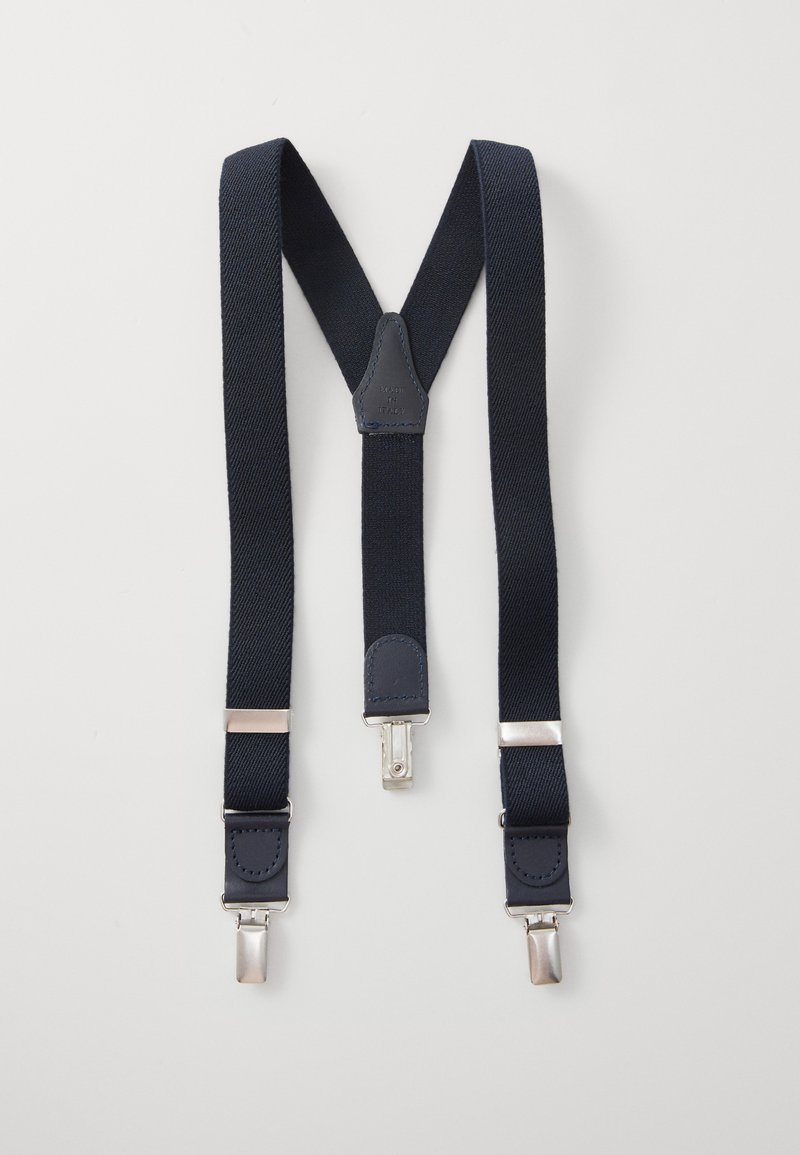 Suspendente de culoare bleumarin, realizate dintr-un material texturat, cu clipsuri metalice argintii și accente din piele la spatele în formă de Y și la punctele de îmbinare.