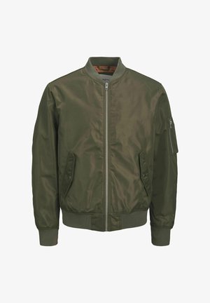 Õlivääris roheline bomber-jakk, mis on valmistatud läikivast kangast, esifriiviga, kahe küljetasku ja lukuga käise taskuga.