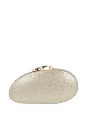 Pequeño bolso tipo clutch metálico dorado con bordes redondeados y cierre de broche en la parte superior, sobre un fondo blanco.