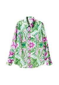 Chemise à col avec des boutons, ornée d'un motif floral et de feuillages colorés en vert, rose et aqua sur fond blanc. Manches longues.