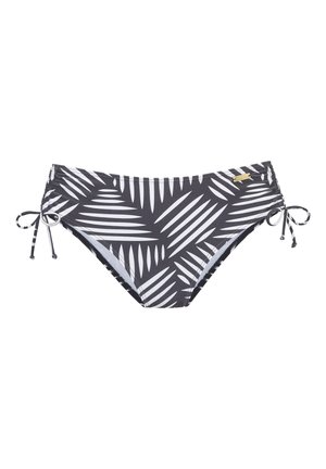 Čiernobiele bikini nohavičky s vzorom palmových listov a bočnými sťahovacími šnúrkami na bielom pozadí.