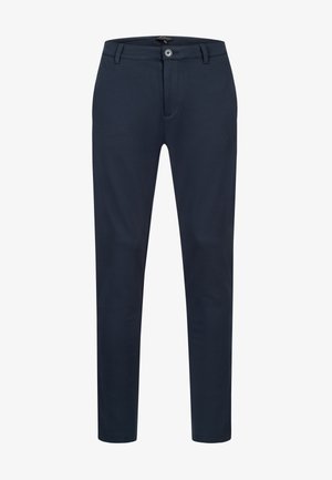 Navy blue trousers made of a smooth fabric, featuring a button closure, belt loops, and a straight-leg design with no additional patterns.