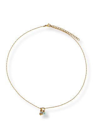 Delicate gold chain necklace with small blue and gold charms, secured with a lobster clasp and extender chain on white background.