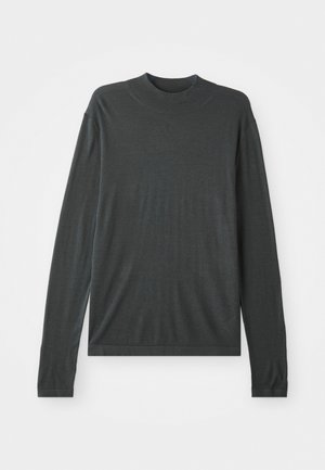 Dark gray long-sleeve knit sweater with a high, ribbed neck. Soft texture, relaxed fit, and no visible patterns or hardware details.
