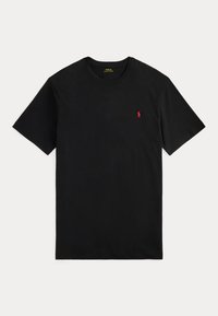Čierne tričko s krátkym rukávom a okrúhlym výstrihom s malým červeným vyšitým logom Polo Ralph Lauren na ľavej strane hrude.