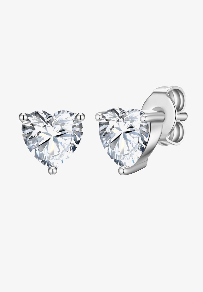 Hjärtdesignade studörhängen med klara, facetterade stenar som är satta i ett polerat silverfärgat metall. Inkluderar säker post- och bakstängning för användning.
