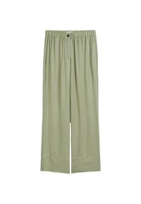 Light green wide-leg trousers with an elastic waistband, front pleats, and a smooth, soft texture. No visible patterns or hardware.