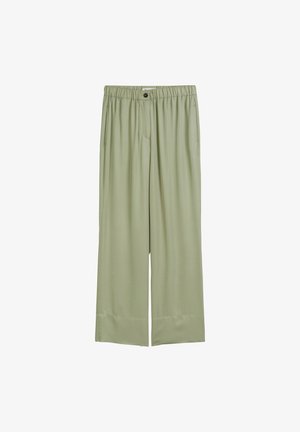 Light green wide-leg trousers with an elastic waistband, front pleats, and a smooth, soft texture. No visible patterns or hardware.