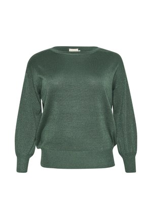 Green, metallic knit sweater with long, puffed sleeves and a rounded neckline. Features a ribbed hem and cuffs. Soft texture.