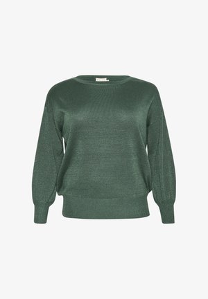 Grüner, metallisch schimmernder Strickpullover mit langen, gepufften Ärmeln und rundem Ausschnitt. Verfügt über einen gerippten Saum und Bündchen. Weiche Textur.