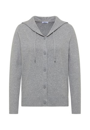 Grå cardigan med hætte, frontknaplukning og rib strikkede ærmer og kant. Lavet af blødt materiale med en afslappet pasform.