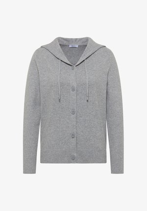 Cardigan gris avec une capuche, fermeture à boutons sur le devant, et poignets et ourlet côtelés. Fabriqué en matériau doux, offrant une coupe décontractée.