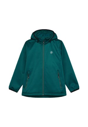 Türkisfarbene Jacke mit durchgehendem Reißverschluss, Kapuze und schwarzen Akzenten. Verfügt über zwei Reißverschlusstaschen und ein Logo auf der oberen linken Seite. Glatte Textur.