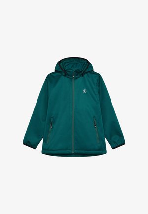 Chaqueta color teal con cremallera frontal, capucha y detalles en negro. Cuenta con dos bolsillos con cremallera y un logo en la parte superior izquierda. Textura suave.