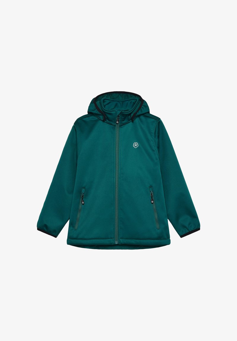 Veste bleu sarcelle avec fermeture éclair à l'avant, capuche et accents noirs. Comprend deux poches zippées et un logo sur le côté supérieur gauche. Texture lisse.