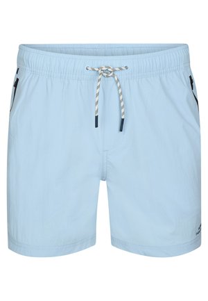 Bañadores cortos de hombre azul claro con cintura elástica, cordón blanco y negro y bolsillos laterales con cremallera.