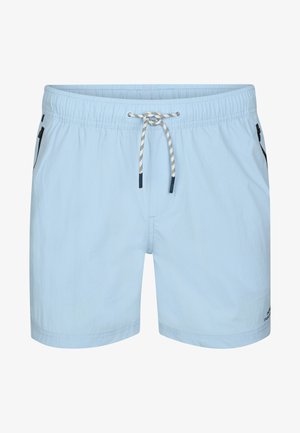 Bañadores cortos de hombre azul claro con cintura elástica, cordón blanco y negro y bolsillos laterales con cremallera.