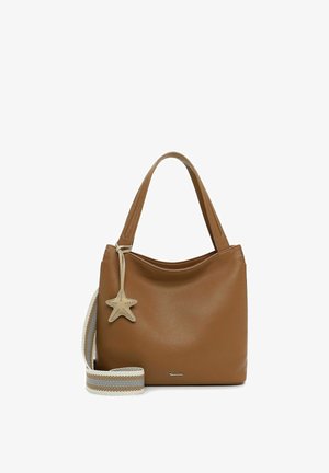 Sac à main en cuir marron avec double poignées, bandoulière rayée beige et blanche, et un porte-clés en forme d'étoile accroché sur le côté.