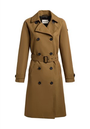 Brauner knielanger Trenchcoat mit doppelreihigen schwarzen Knöpfen, tailliertem Gürtel, Reverskragen und geknöpften Ärmelabschlüssen.