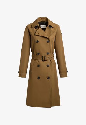 Brauner knielanger Trenchcoat mit doppelreihigen schwarzen Knöpfen, tailliertem Gürtel, Reverskragen und geknöpften Ärmelabschlüssen.